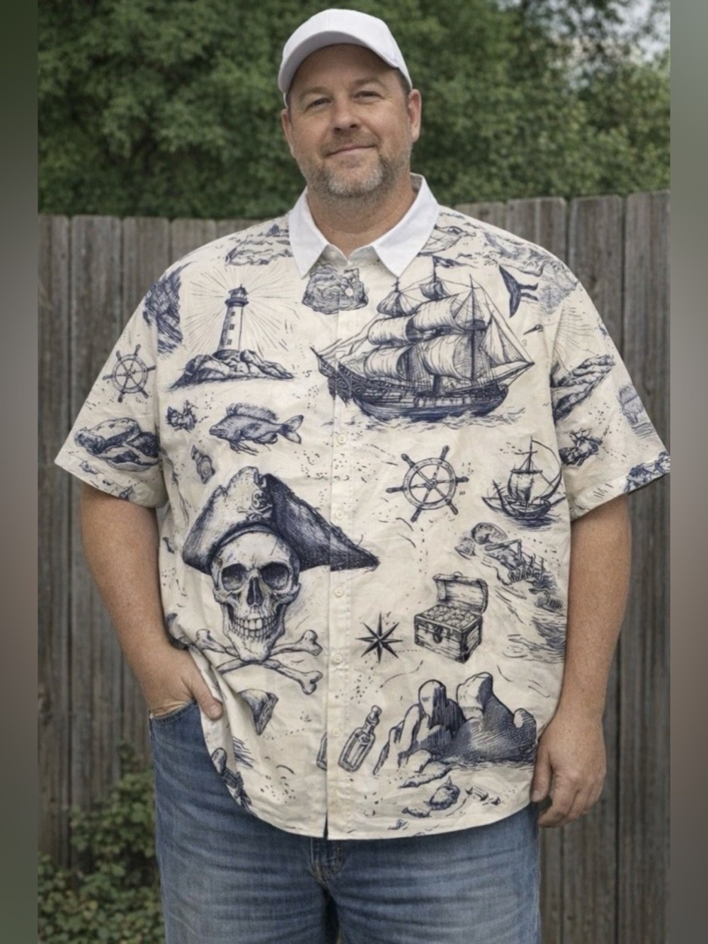 Nautical Pirate Themed Hawaiian Shirt 3XL Button Up Short Sleeve Tropical EUC